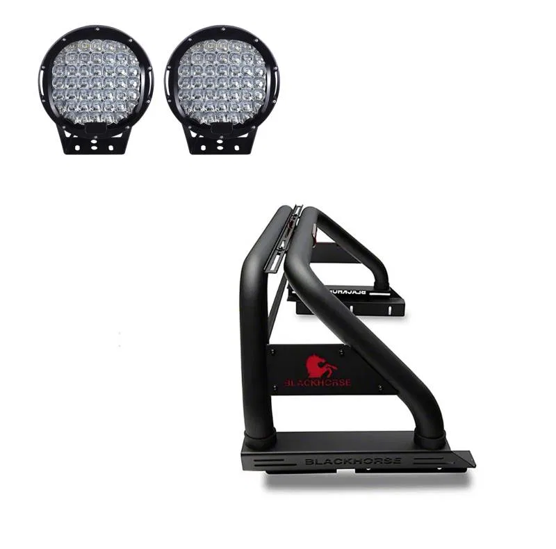 RB005BK-PL69B – BLACK HORSE Truck Bed Bar, 4 Inch Diameter Tube Style With 1 Set of 9 Inch Round Black Trim LED Light...